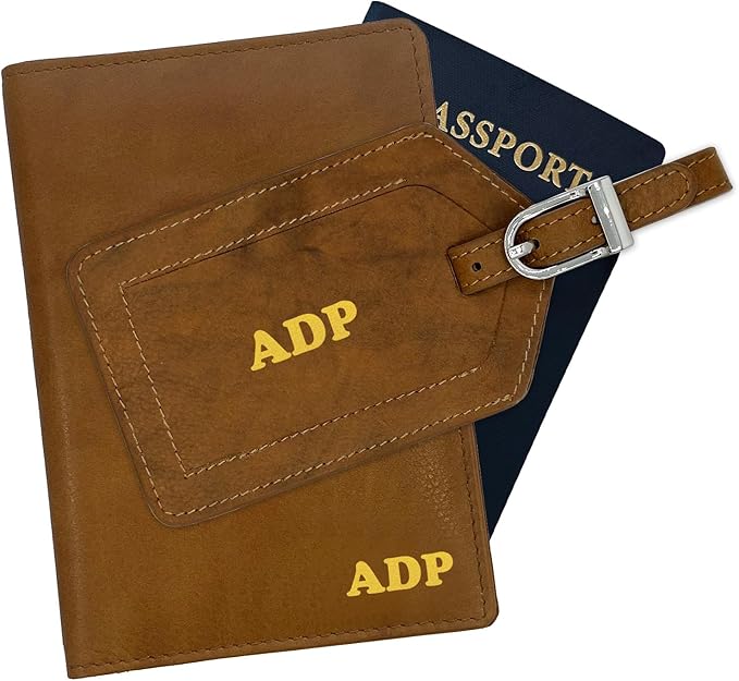 Personalized Monogrammed Antique Saddle Leather RFID Passport Wallet and Luggage Tag