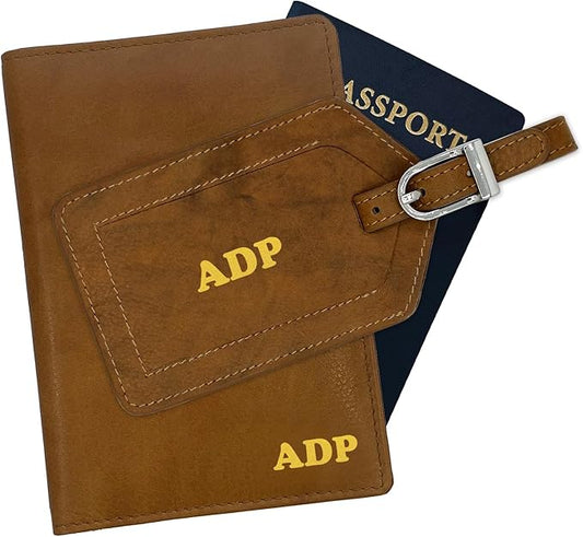Personalized Monogrammed Antique Saddle Leather RFID Passport Wallet and Luggage Tag