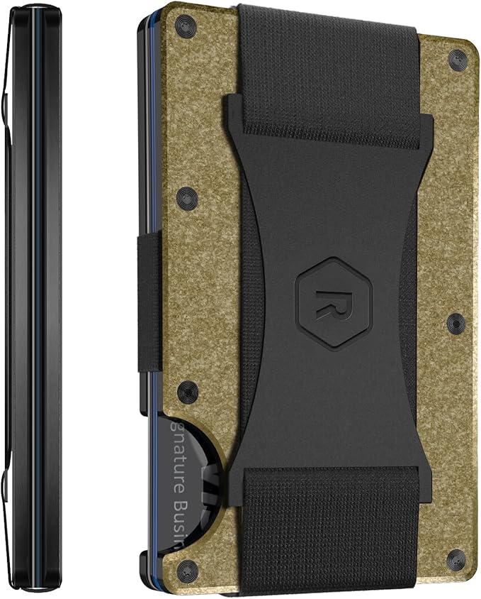 Ridge Wallet for Men - Slim Minimalist Compact Wallet and Card Holder, RFID Protected Front Pocket Wallets for Men with Integrated Cash Strap (Brass)