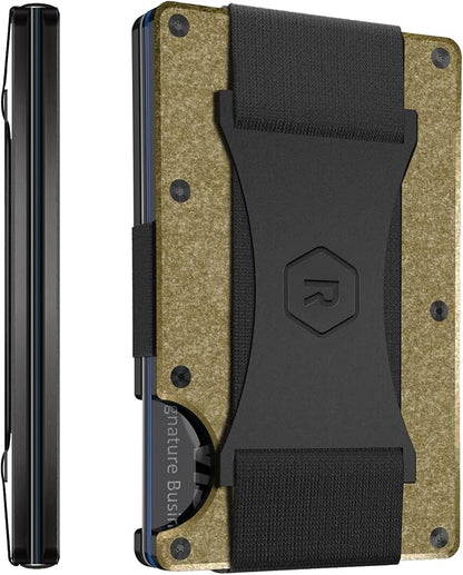 Ridge Wallet for Men - Slim Minimalist Compact Wallet and Card Holder, RFID Protected Front Pocket Wallets for Men with Integrated Cash Strap (Brass)