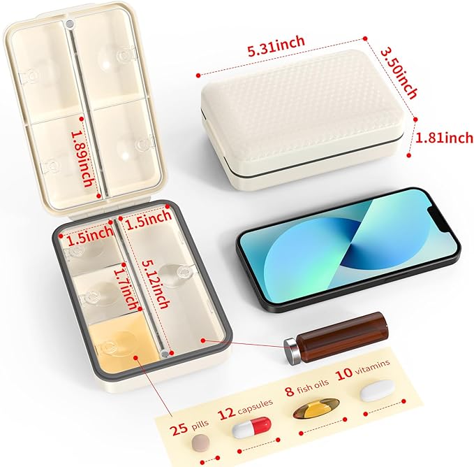 Restree Weekly Pill Organizer, Magnetic Moisture Proof Pill Case, Large Capacity Travel Pill Box with Inner Clear Lid for Vitamins, Supplements, and Daily Medications 8 Compartment (White)