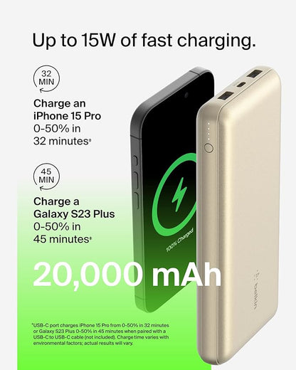 Belkin Portable Charger, USB-C Power Bank 20000 mAh w/ 2xUSB-A Ports, 15W w/Type-C to Type-A Cable for iPhone 17, Air, Samsung Galaxy S25, Pixel, iPad, Nintendo Switch 2, Google Pixel 10, etc. - Gold