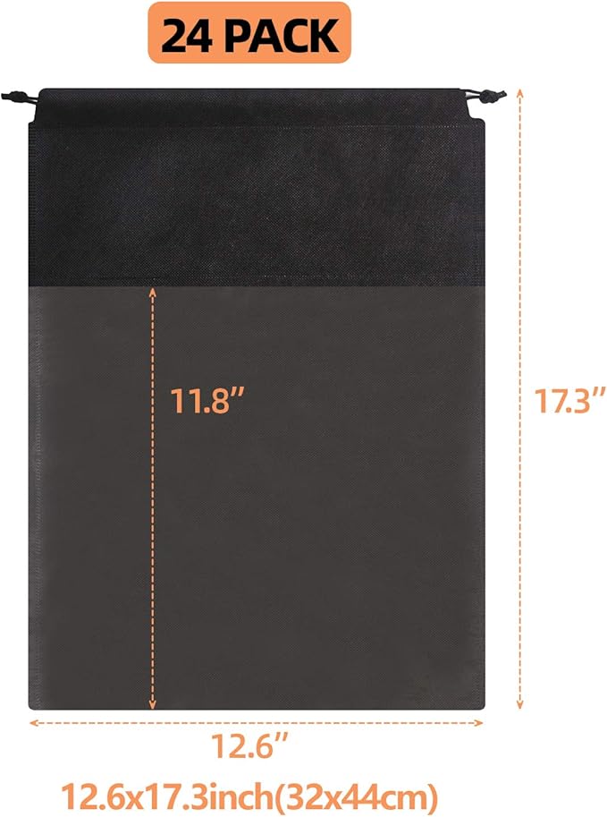 24 Pack Portable Shoe Bags for Travel Large Shoes Pouch Storage Organizer Clear Window with Drawstring for Men and Women Black