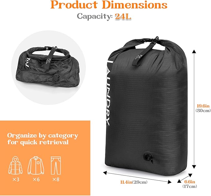Compression Laundry Bag for Travel, Dirty Clothes Travel Laundry Bags, Waterproof Space-Saving Wet Clothes Storage Organizer, Smell Proof Laundry Bag Camping, Clothing, Swimming, Yoga, Gym