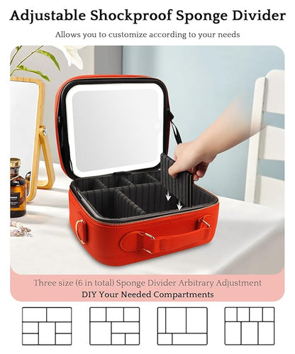 MOMIRA Travel Makeup Bag Cosmetic Bag with Lighted Mirror, Adjustable Brightness in 3 Color Scenarios/Detachable makeup mirror, All-round Upgrade, Waterproof, Gift for Women -Orange