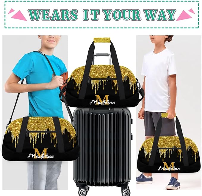 Personalized Kids Sports Duffel Bag with Name Custom Weekender Overnight Bag for Boys Girls Gym Bag Travel Dance Gymnastics Duffel Bag, Golden Glitter