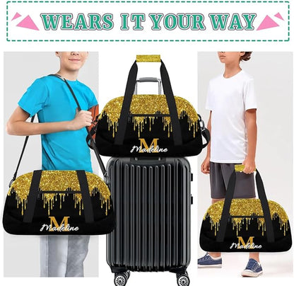 Personalized Kids Sports Duffel Bag with Name Custom Weekender Overnight Bag for Boys Girls Gym Bag Travel Dance Gymnastics Duffel Bag, Golden Glitter