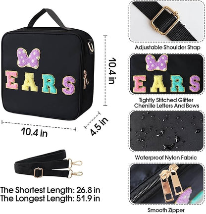 Chenille Letter Bow Mouse Ears Travel Case, Park Ears Headband Holder Hair Accessories Organizer Bag for Girls Women Kids Adults, Large Makeup Bag Snack Bags with Zipper for Travel Picnic - Black