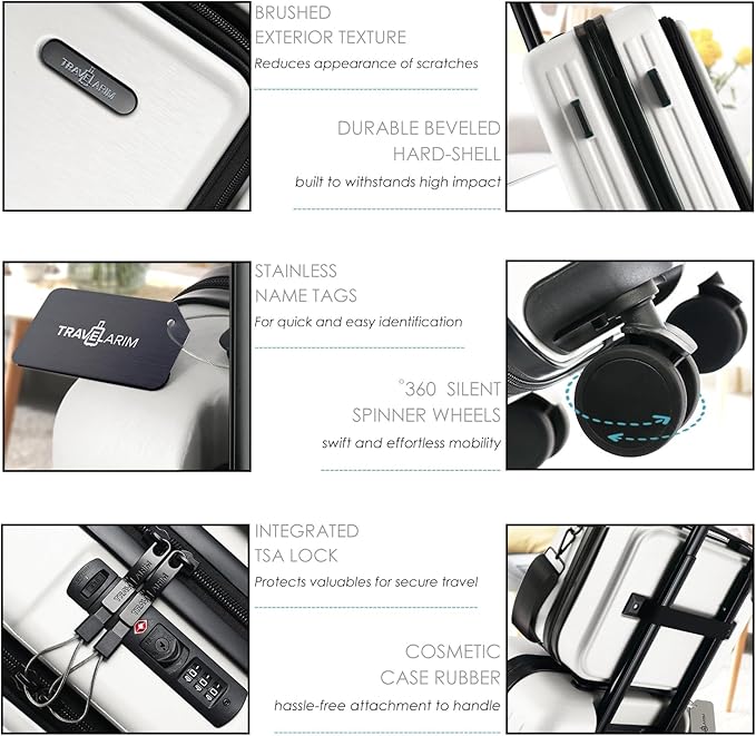 TRAVELARIM 22 Inch Carry On Luggage 22x14x9 Airline Approved, Small Carry On Suitcase, Hard-shell Carry-on Luggage with Wheels, Durable White Luggage Carry-On with Cosmetic Case and Luggage Scale