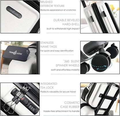 TRAVELARIM 22 Inch Carry On Luggage 22x14x9 Airline Approved, Small Carry On Suitcase, Hard-shell Carry-on Luggage with Wheels, Durable White Luggage Carry-On with Cosmetic Case and Luggage Scale