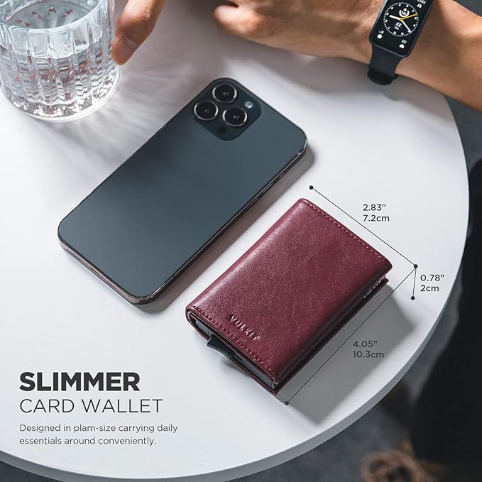 VULKIT Pop up Card Wallet Minimalist Cash Wallets RFID Blocking Leather Smart Credit Card Holder with ID window for Men (Wine)