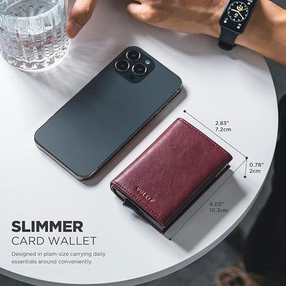 VULKIT Pop up Card Wallet Minimalist Cash Wallets RFID Blocking Leather Smart Credit Card Holder with ID window for Men (Wine)