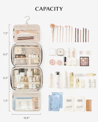 EACHY Toiletry Bag with Hanging Hook, Travel Makeup Bag PU Leather Cosmetic Bags for Women Make Up Organizer with 4 Compartments Waterproof Full-Size Portable Travel Essentials (Black，Pro)