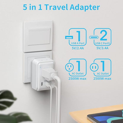 European Travel Plug Adapter Kit, VINTAR International Plug Adapter with 3 USB Ports (2 USB C, 3.4A) 2 American Outlets, Type L,C Detachable Attachments, Adapter for US to Chile Germany France Italy