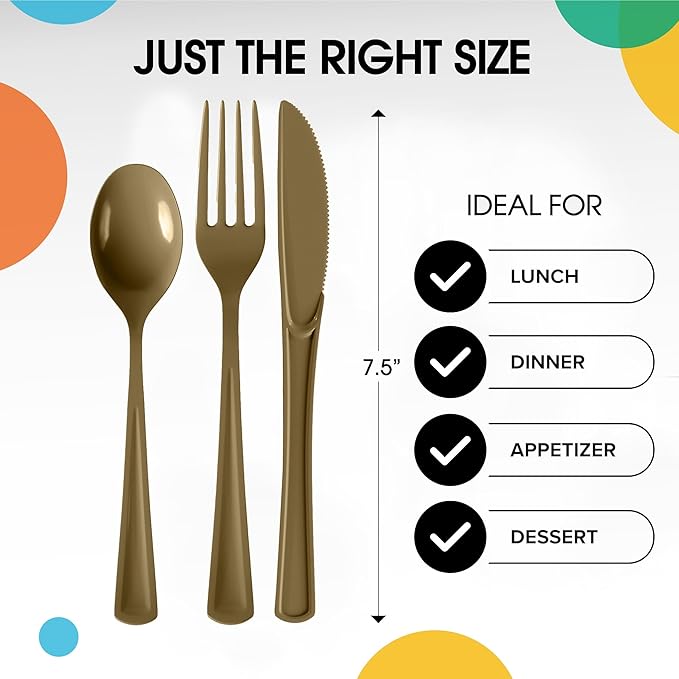 Gold Plastic Silverware Heavy Duty 300 Pieces Gold Disposable Silverware Heavy Duty, Utensil Sets, 100 Of Each Forks, Knives & Spoons Disposable Cutlery Set For Party Supplies