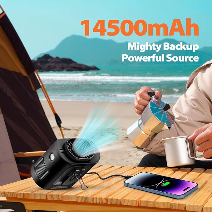 Portable Waist Fan - 14500mAh Rechargeable Battery, 67Hrs Cooling Belt Fan, 5 Powerful Speed & 360° Rotatable, Hands Free Clip On Waist With LED Light for Work Gift Camping Travel Outdoor