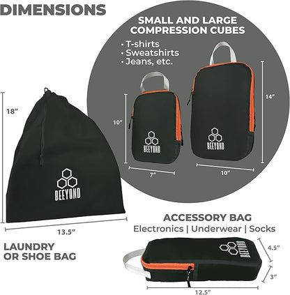 Beeyond Compression Packing Cubes Set - 6 Pieces for Travel and Luggage Organization, Includes Large & Small Cubes, Accessories Bag, and Laundry Bag