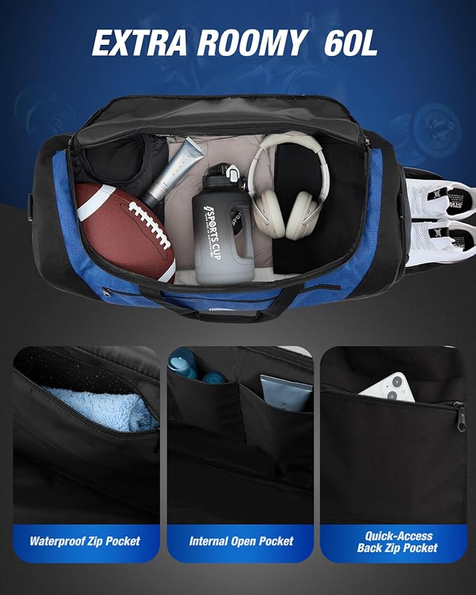 Gonex Gym Duffel Bag with Shoe Compartment Wet Pocket, Large Capacity Sports Duffle Bag for Men Women, Workout & Travel Bag with Multiple Pockets, Black/Blue, Medium (60L)