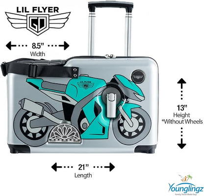 Younglingz LIL FLYER GO Version 2 Ride On Suitcase for Kids | Carry On Luggage with Toddler Seat, Foldable Handlebars, Pedals, and Removable Wheels | Holds up to 80 lbs | Green Motorcycle | Ages 2-6
