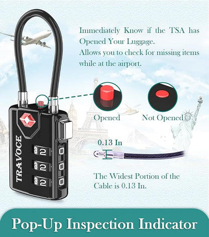 Search Alert TSA Approved Travel Combination Luggage Cable Locks for Suitcase, Gym Locker,Toolbox,Backpack 1,2,4,6 &10 pk (Black 3 Pack)
