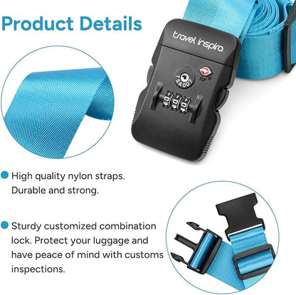 Travel Inspira Luggage Straps TSA Approved with TSA Lock Adjustable Luggage Straps Combination Lock for Suitcase Nylon Suitcase Travel Belt‎ TSA Approved Buckle Included Tags identifiers (Blue)