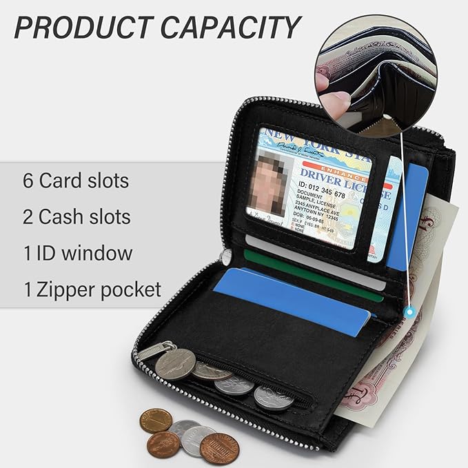 Minimalist Real Leather Wallet for Men with Zipper Card Holder and ID Window RFID Blocking Bifold Wallet (Black)