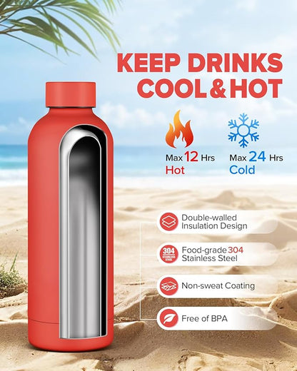 Insulated Water Bottle with Lid, 17 oz Reusable Leak-Proof Metal Stainless Steel Water Bottles for Travel, Sports, Gym, Outdoor (Red)