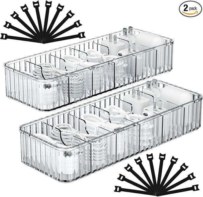 Cable Storage Boxes Organizers 2 Pack,Cord Charger Storage Organizer Box Case with 20pcs Cable Ties,Stackable,Clear
