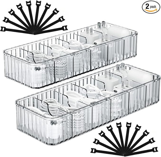 Cable Storage Boxes Organizers 2 Pack,Cord Charger Storage Organizer Box Case with 20pcs Cable Ties,Stackable,Clear