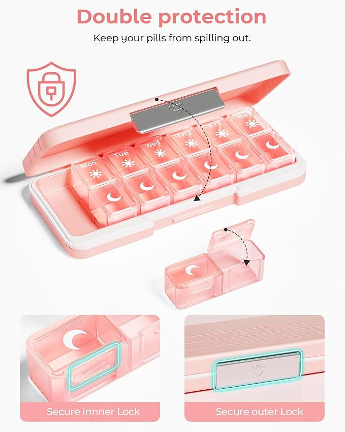 Zoksi Am Pm Pill Organizer 7 Day, Weekly Pill Box 2 Times a Day, Medicine Pill Organizer with Separate Compartment, Travel Pill Case Dispenser Portable for Vitamins, Fish Oils, Medicines(Pink)