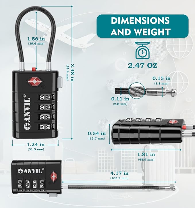 ANVIL 4 Digit Luggage Locks, TSA Locks for Luggage, Advanced TSA008 core, Alert Indicator for Your Travel Lock, Suitcase Lock. (3, Black)