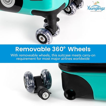 Younglingz LIL FLYER GO Version 2 Ride On Suitcase for Kids | Carry On Luggage with Toddler Seat, Foldable Handlebars, Pedals, and Removable Wheels | Holds up to 80 lbs | FIRETRUCK | Ages 2-6