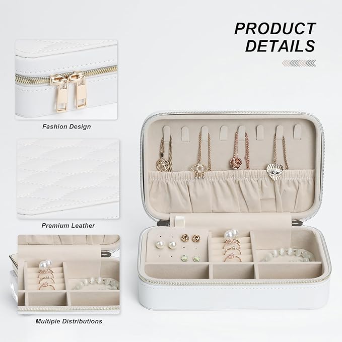 Travel Jewelry Case Stylish PU Leather Small Jewelry Case Organizer with Zipper Closure, Protects Jewelry from Scratches, Perfect Daily Companion White