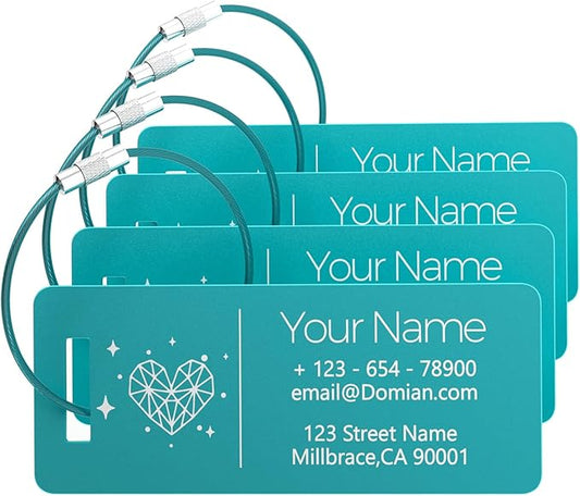 4 Personalized Metal Luggage Tags, Laser Engrave Name and Logo, Custom Aluminum Suitcase Tags with Steel Ring, for Travel, Backpack, Baggage (Lake Blue)