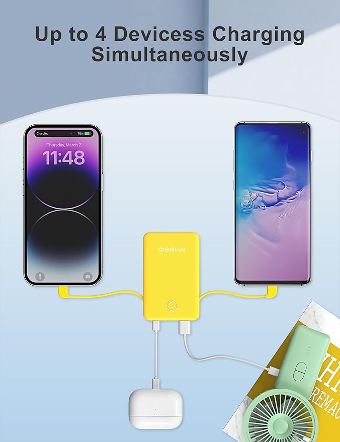 miisso 6000mah Ultra Slim Built in Cables Power Bank, Card Size Built in USB C Cords Battery Pack Portable Charger for Phones, 3 Output External Battery Pack Compatible with iPhone, Yellow