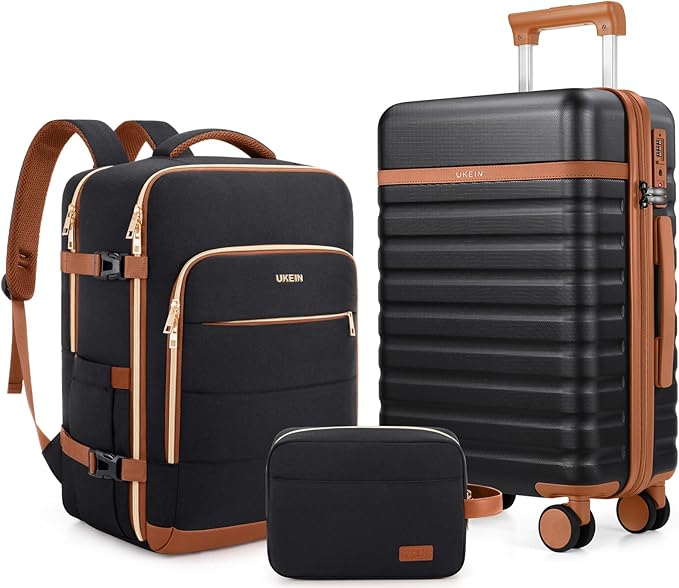 Luggage Sets 3 Piece, Carry On Luggage 20In With Spinner Wheels,PC Hardside Suitcase Set with TSA Lock,Durable Carry On Suitcase With Travel Backpack for Men (Black Brown, 3 piece set (BP/20inch))