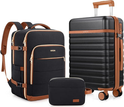 Luggage Sets 3 Piece, Carry On Luggage 20In With Spinner Wheels,PC Hardside Suitcase Set with TSA Lock,Durable Carry On Suitcase With Travel Backpack for Men (Black Brown, 3 piece set (BP/20inch))