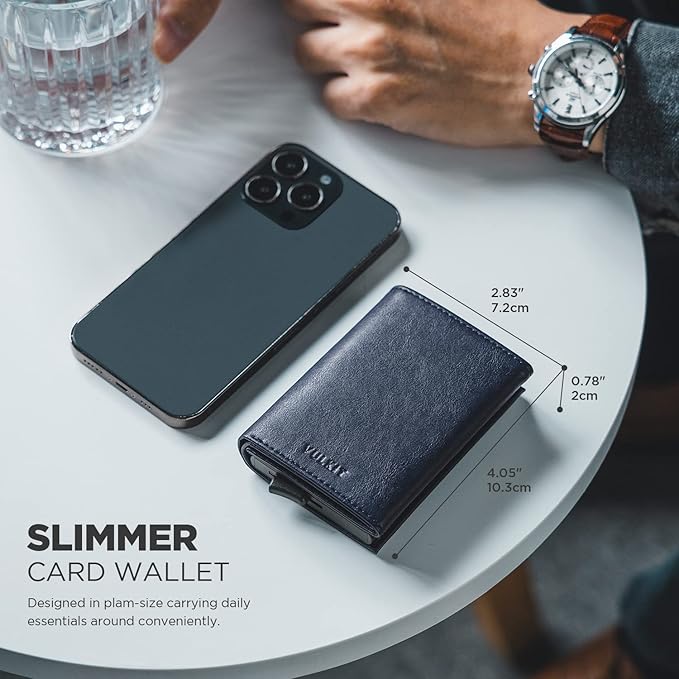 VULKIT Pop up Card Wallet Minimalist Cash Wallets RFID Blocking Leather Smart Credit Card Holder with ID window for Men(Navy)