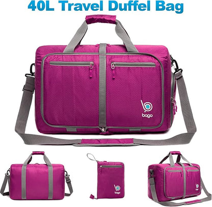 Bago Foldable Duffel Bags for Traveling Women & Men - 40L Sports Packable Duffle Bag for Travel with Shoe Compartment - Water Repellant, Heavy Duty, Lightweight Folding & Collapsible (Pink)