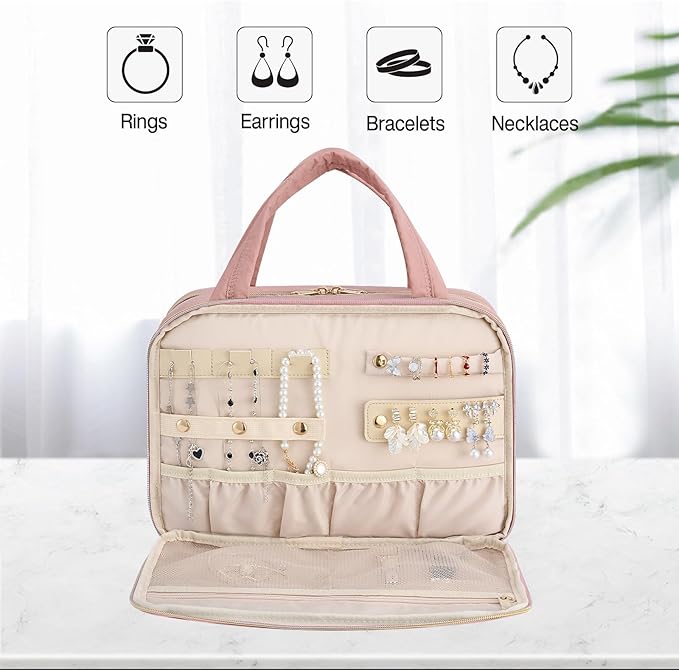 Hanke Hanging Travel Toiletry Bag for Women with Jewelry Organizer Compartment, Travel Essentials Toiletries and Makeup Bag, Water-Resistant & Stain-Resistant with Trolley Strap (Pink)