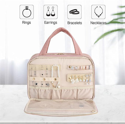 Hanke Hanging Travel Toiletry Bag for Women with Jewelry Organizer Compartment, Travel Essentials Toiletries and Makeup Bag, Water-Resistant & Stain-Resistant with Trolley Strap (Pink)