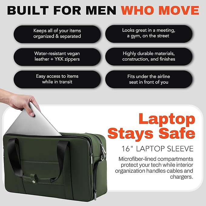 The FTL Lite Mens Gym to Office Bag - 17L Briefcase Gym Bag Hybrid with Shoe Compartment & 16" Laptop Sleeve - Executive Daily Carry & Overnight Duffel for Athletic Business Pros - Abbot Green