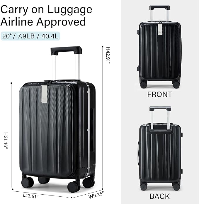Hanke 20 Inch Carry On Luggage Hard Shell Suitcases with Wheels Luggage Suitcase Travel Luggage for Women Men Rolling Luggage Bags for Business Trip Weekender-Black