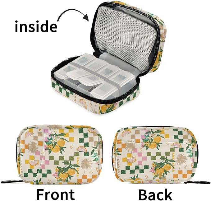 Fustylead Summer Fruit Lemon Pill Organizer and Storage Weekly with Zipper, Removable Pill Box Portable Medicine Organizer for Vitamin Fish Oil Supplement