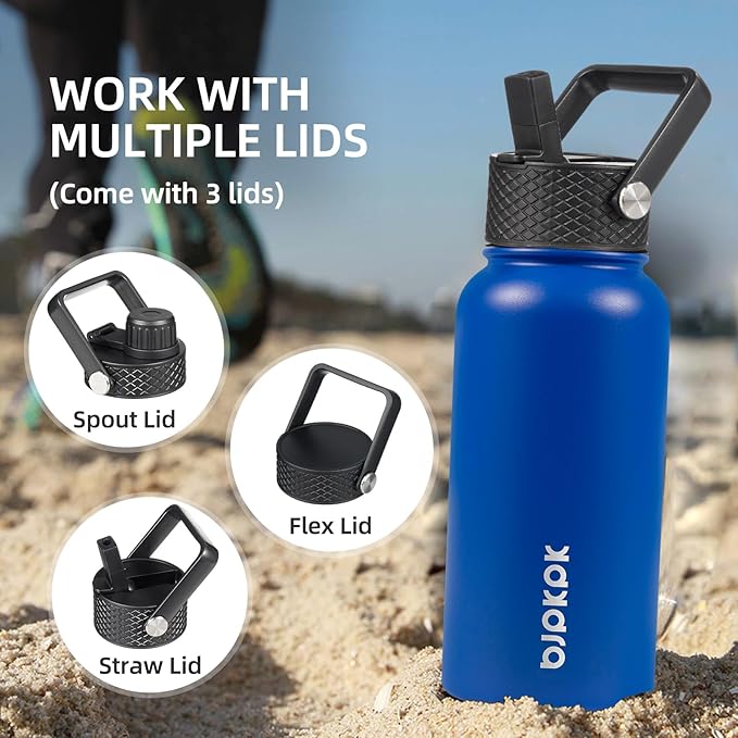 BJPKPK Insulated Water Bottles with Straw Lid, 27oz Stainless Steel Water Bottle with 3 Lids, Leak Proof BPA Free Metal Thermo, Mugs, Tumblers, Keep Cold Hot - Midnight