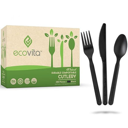 Ecovita 100% Compostable Forks Spoons Knives Cutlery Combo Set - 380 Large Disposable Utensils (7 in.) Eco Friendly Durable and Heat Resistant Alternative to Plastic Silverware with Convenient Tray