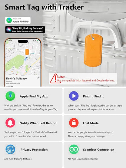 Luggage Tag with Tracker (iOS Only), Premium PU Leather Luggage Tags for Suitcase, Privacy Cover & ID Card Slot, Stainless Loop for Travel Bags, Backpack, Pet Carrier, Ideal Gadgets (Orange)