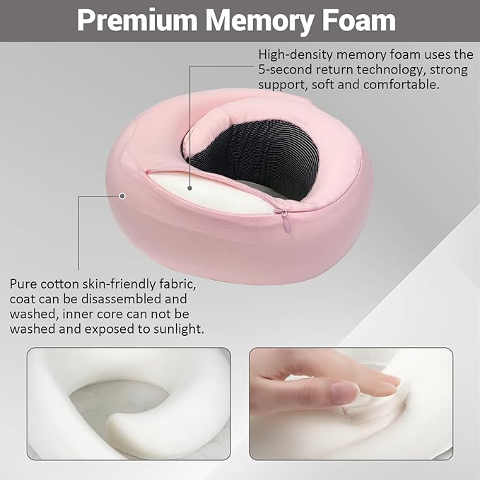 Outney™ Travel Pillow for Airplanes 2025 Veritable Chin Support Travel Neck Pillow 100% Pure Memory Foam Full Neck Surround Pillows for Traveling Flight Sleeping Portable Travel Essentials (Pink)