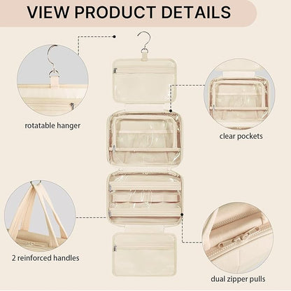 Travel Toiletry Bag for Women,Portable Hanging Travel Bag Cosmetic Jewelry Organizer,Makeup Bag for Toiletries,Full Sized Shampoo,Conditioner,Beige