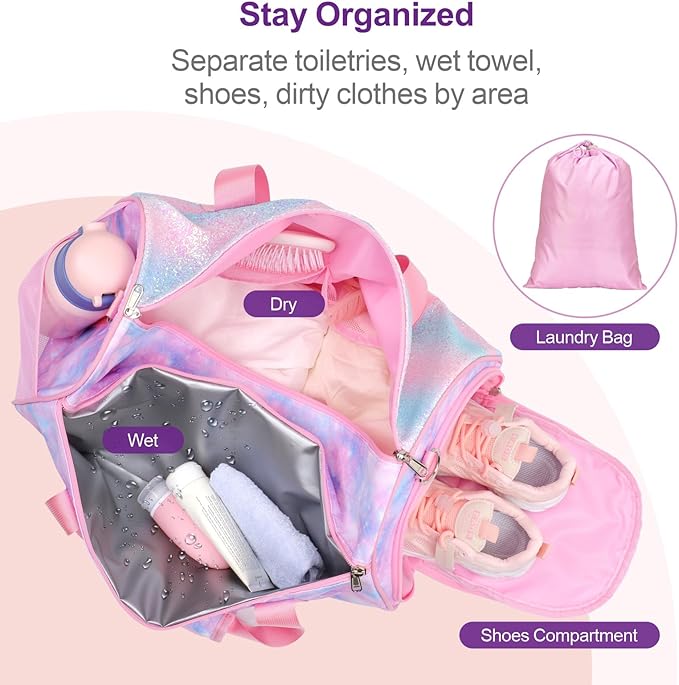 Bagseri Duffel Bags for Kids - Girls Dance Bag Ballet Tote, Waterproof Sports Gymnastics Bag for Overnight with Shoe Compartment and Dry Wet Separation Pockets (Tie-dye,Pink)